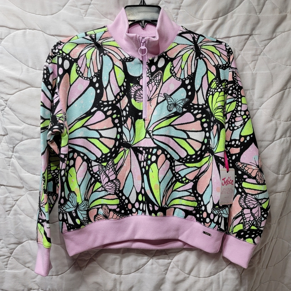 Girl's Justice Quarter-Zip Butterfly Pullover Shirt Size L (12/14) NWT